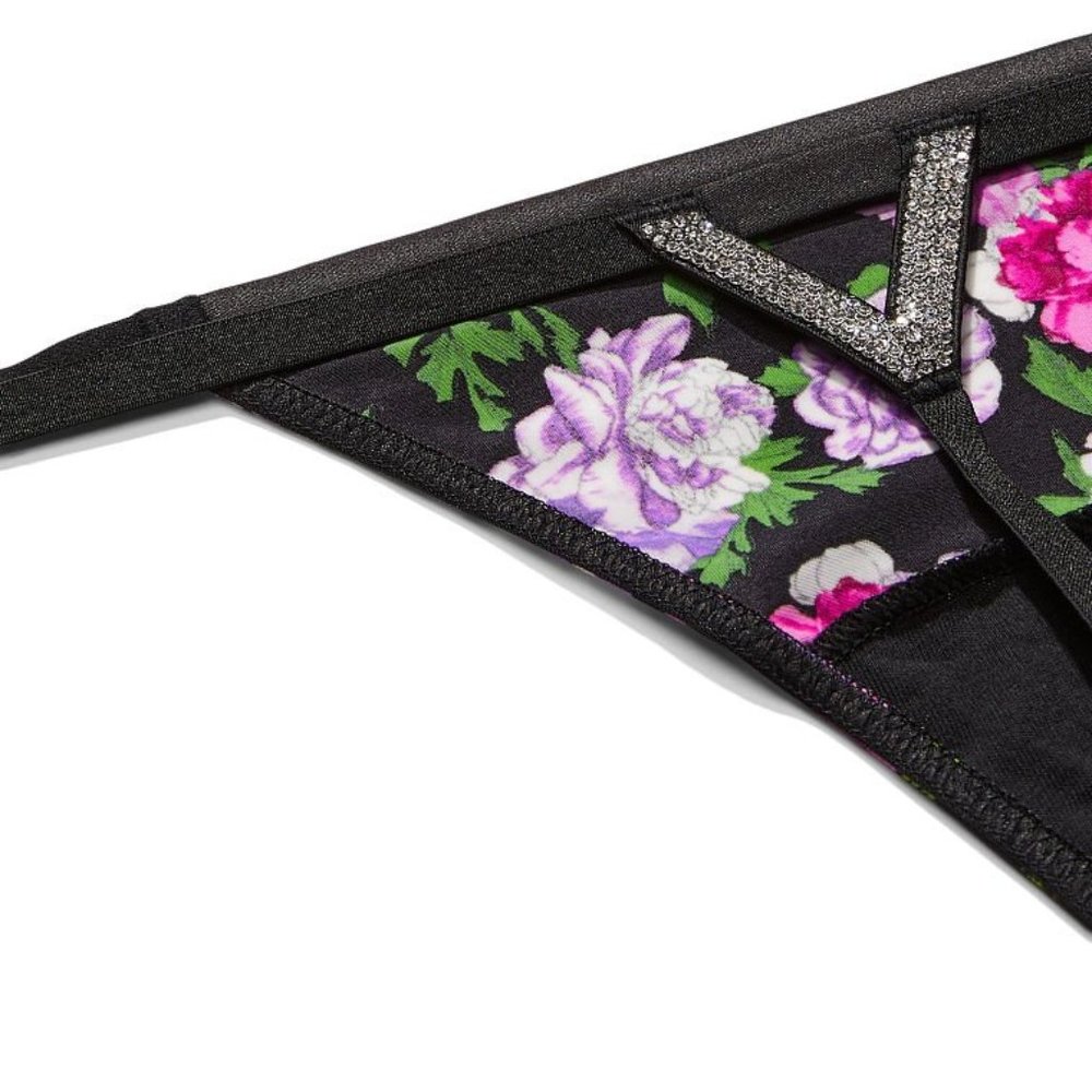 VS M Very Sexy Bombshell Shine V-String Panty Purple Black Floral Thong NWT - Picture 12 of 16